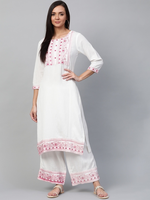 

Sangria Women White & Pink Yoke Design Kurta with Palazzos