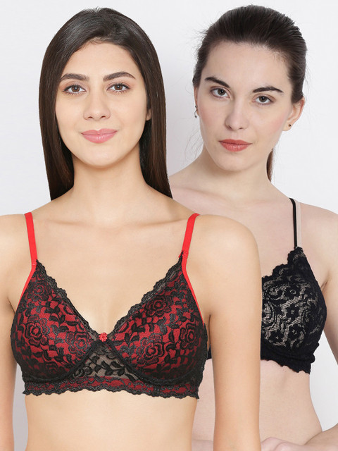 

ABELINO Pack of 2 Lace Non-Wired Lightly Padded Push-Up Bras, Black