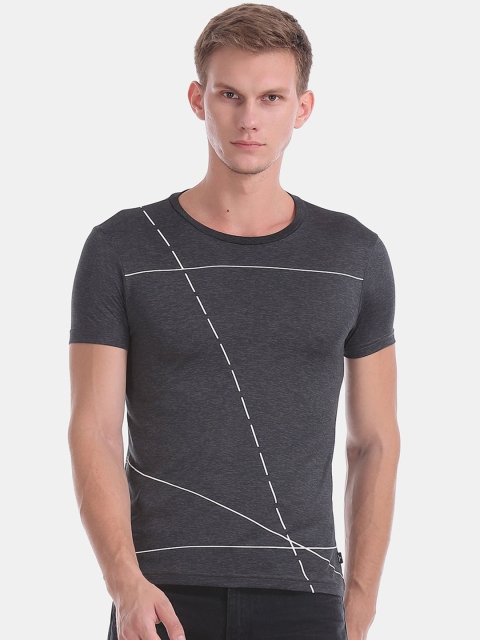 

Flying Machine Men Grey Striped Round Neck T-shirt