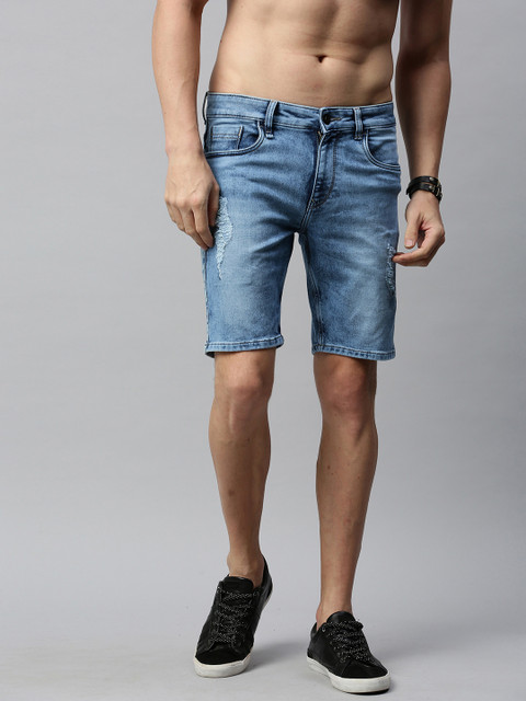 

Roadster Men Blue Washed Regular Fit Distressed Denim Shorts