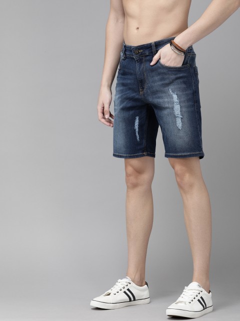 

Roadster Men Blue Washed Distressed Slim Fit Denim Shorts