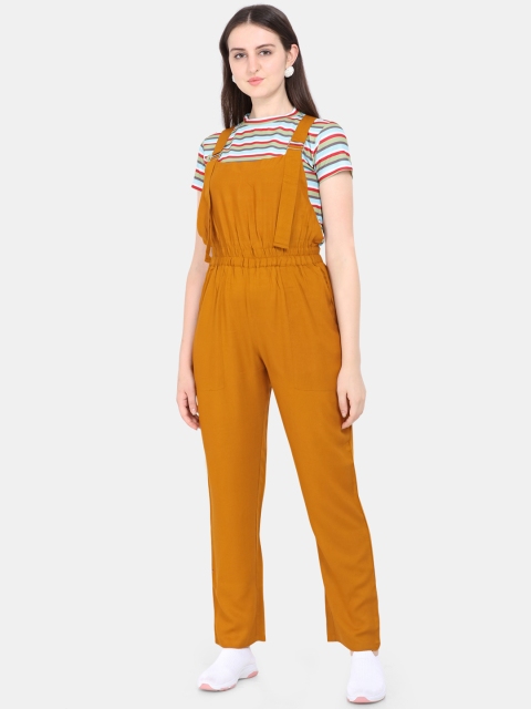 

Yuvraah Women Mustard Yellow & Turquoise Blue Striped T-shirt with Dungaree Trousers