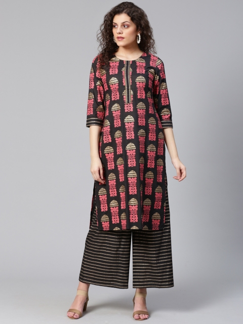

Meeranshi Women Black & Pink Printed Kurta with Palazzos