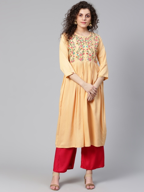 

Meeranshi Women Peach-Coloured Yoke Design A-Line Kurta