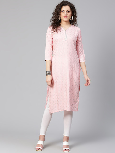 

Meeranshi Women Pink & Silver Woven Design Straight Kurta