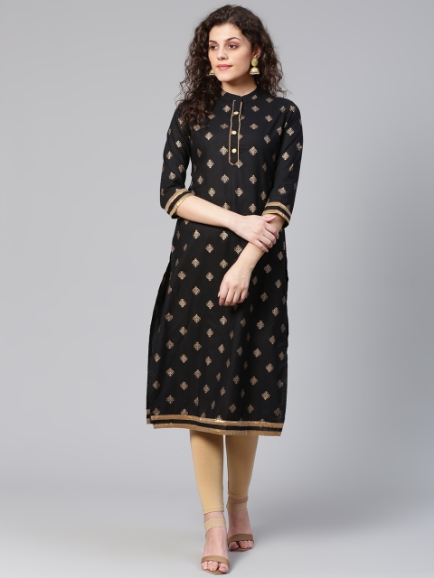 

Meeranshi Women Black & Golden Printed Straight Kurta