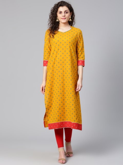 

Meeranshi Women Mustard Yellow & Blue Printed Straight Kurta