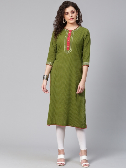 Women Olive Green Striped Straight Kurta