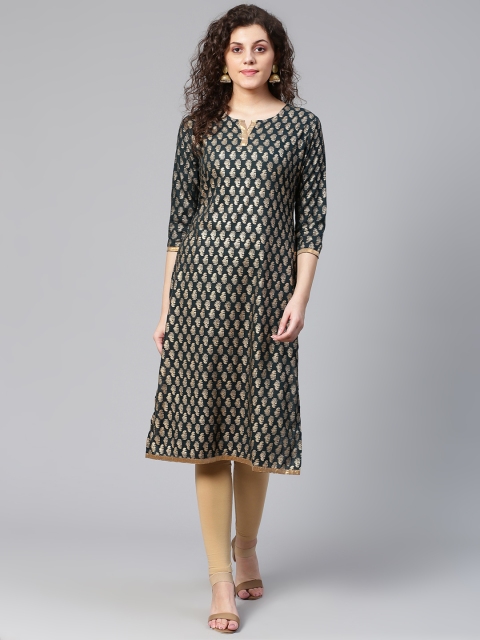 Women Teal Green & Golden Gotta Patti Ethnic Printed Straight Kurta