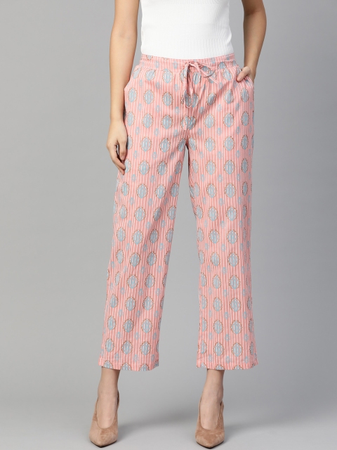 

HERE&NOW Women Pink & Blue Striped With Ethnic Print Straight Cropped Palazzos