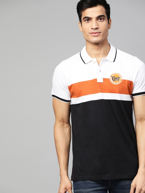 

Roadster Men White Black Colourblocked Polo Collar Pure Cotton T-shirt