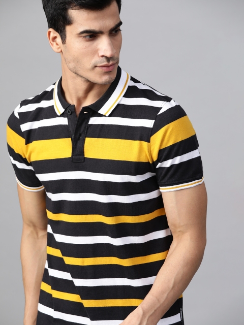 

Roadster Men Black & White Striped Polo Collar T-shirt