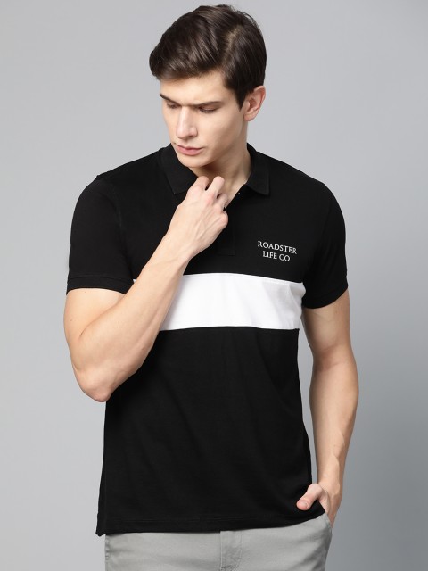 

Roadster Men Black & White Colourblocked Polo Collar T-shirt