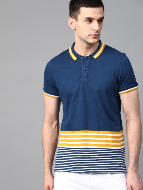 

Roadster Men Navy Blue & White Striped Polo Collar T-shirt