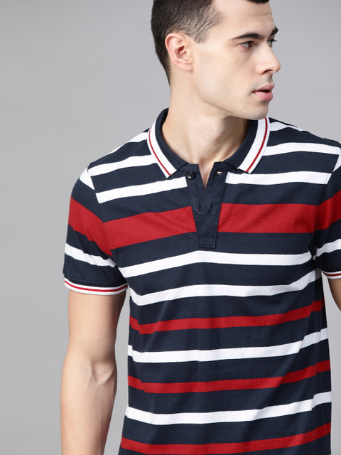 

Roadster Men Navy Blue & White Striped Polo Collar T-shirt
