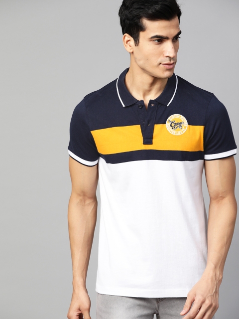 

Roadster Men White Navy Blue Colourblocked Polo Collar Pure Cotton T-shirt