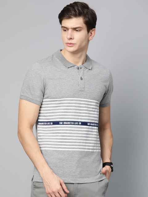 

Roadster Men Grey Melange & White Striped Polo Collar T-shirt