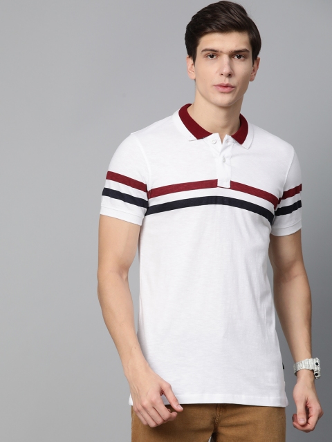 

Roadster Men White & Burgundy Striped Polo Collar T-shirt