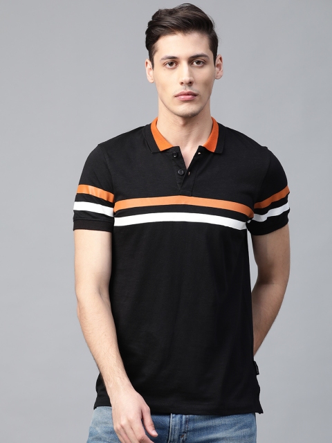 

Roadster Men Navy Blue & Orange Striped Polo Collar T-shirt