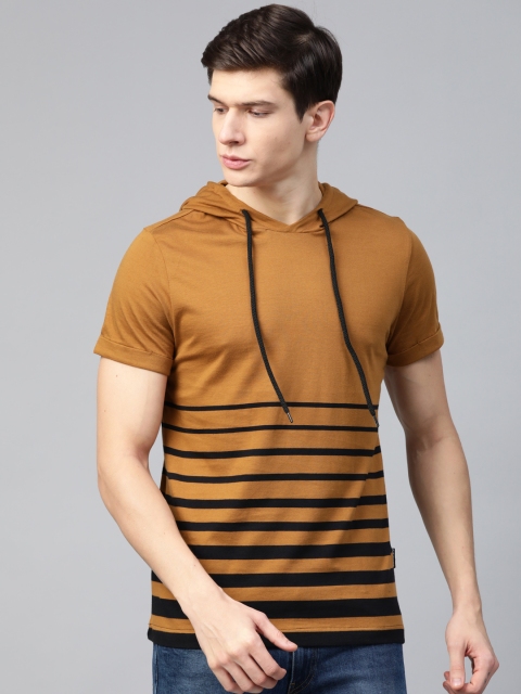 

Roadster Men Mustard Brown & Black Striped Hood T-shirt