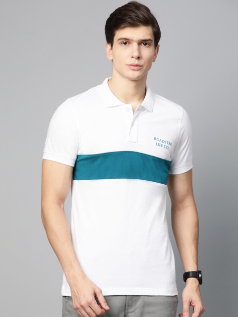 

Roadster Men White & Blue Colourblocked Polo Collar T-shirt