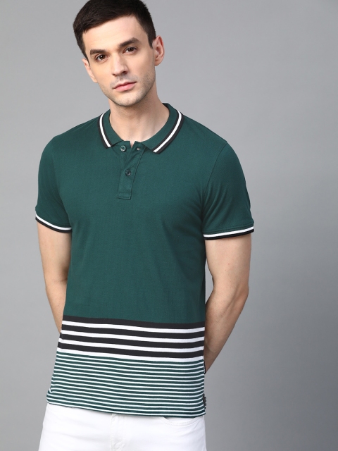 

Roadster Men Teal Green & White Striped Polo Collar T-shirt