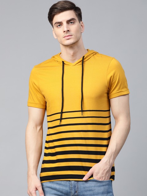 

Roadster Men Mustard Yellow & Black Striped Hood T-shirt
