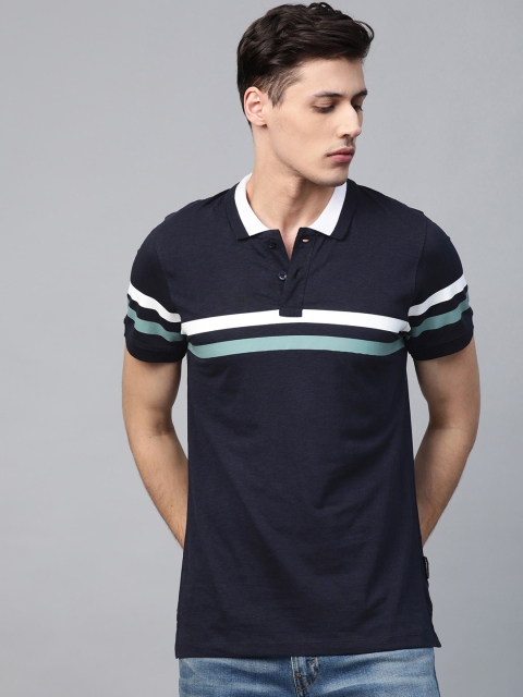 

Roadster Men Navy Blue & White Striped Polo Collar T-shirt