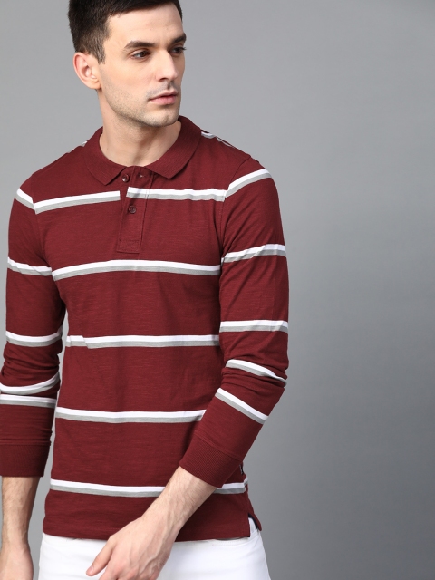 

Roadster Men Maroon & White Striped Polo Collar T-shirt