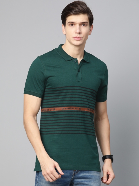 

Roadster Men Teal Green & Black Striped Polo Collar T-shirt