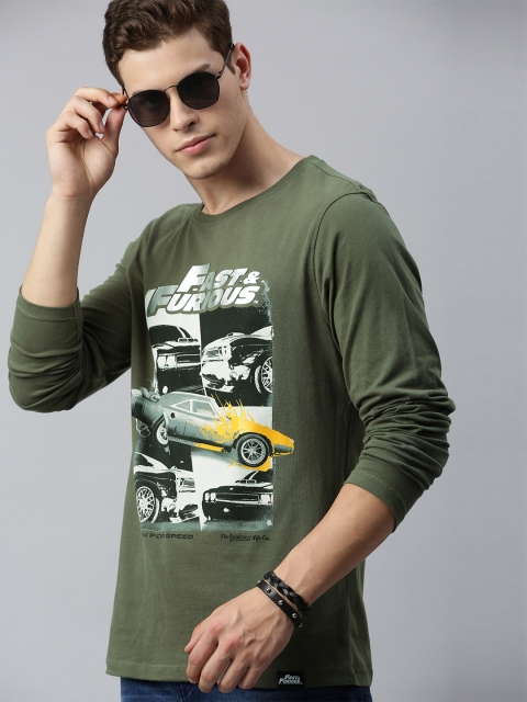 

Roadster Men Fast and Furious Olive Green Graphic Printed Round Neck T-shirt