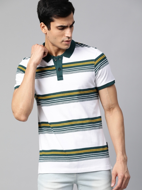 

Roadster Men White & Green Striped Polo Collar T-shirt