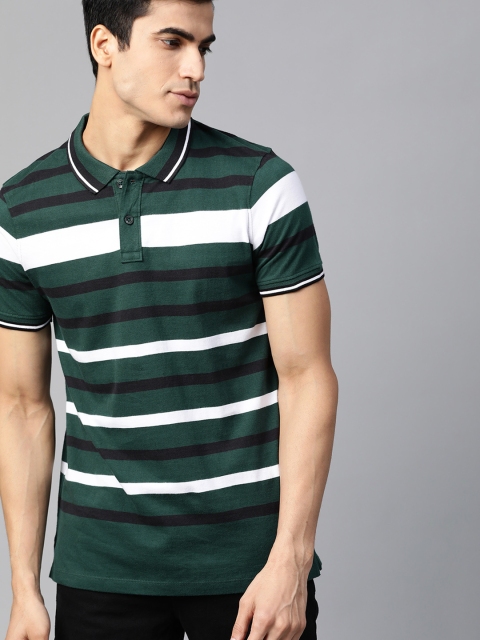 

Roadster Men Green & White Striped Polo Collar T-shirt