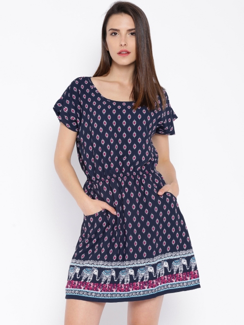 

Tokyo Talkies Navy Printed A-Line Dress, Navy blue