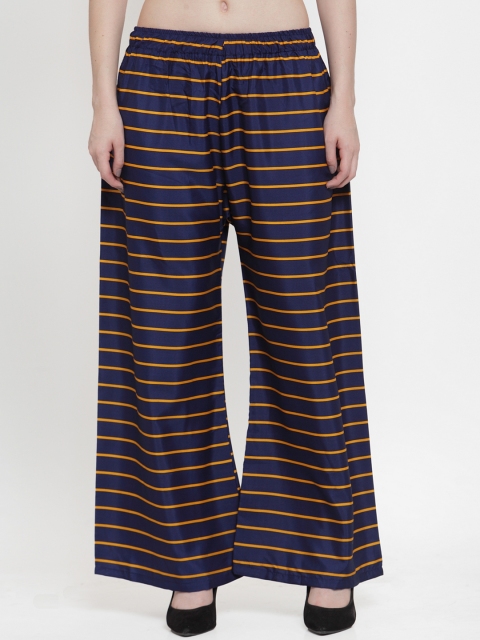 

TAG 7 Women Navy Blue & Mustard Yellow Striped Flared Palazzos