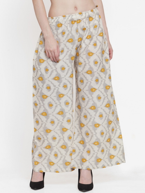 

TAG 7 Women Off-White & Mustard Yellow Printed Flared Palazzos