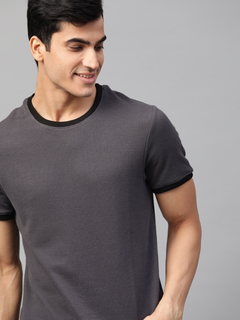 

Mast & Harbour Men Charcoal Grey Self Design Round Neck T-shirt