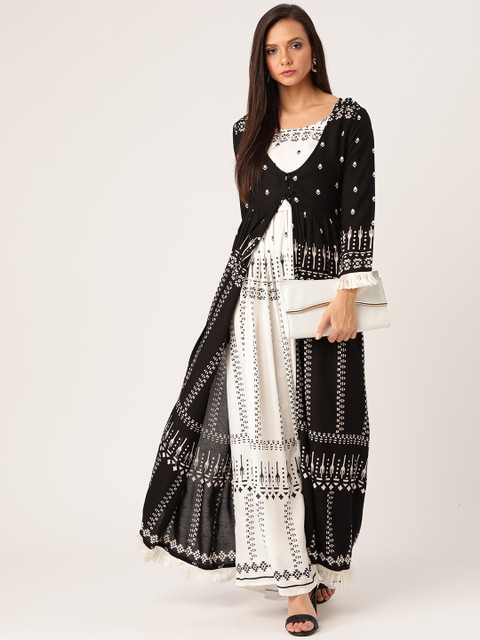 

Moda Rapido Women Black & White Printed High-Slit Kurta with Skirt