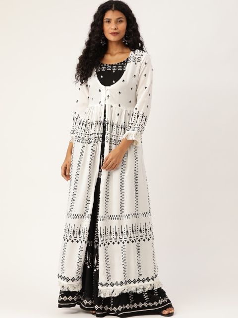 

Moda Rapido Women White & Black Printed Top with Skirt & Longline Ethnic Jacket