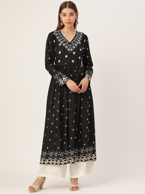 

Moda Rapido Women Black & Off-White Printed Kurta with Palazzos