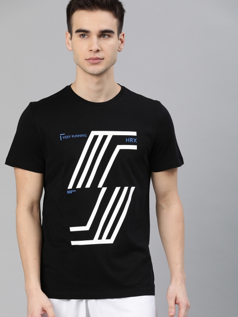 

HRX by Hrithik Roshan Men Black Printed Round Neck Running Pure Cotton T-shirt