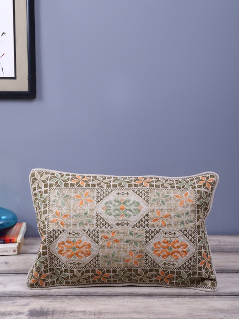 

eyda Green & Orange Self Design Single Rectangle Linen Cushion Cover