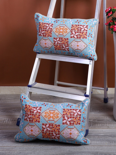 

eyda Blue & Red Set of 2 Embroidered Rectangle Linen Cushion Covers