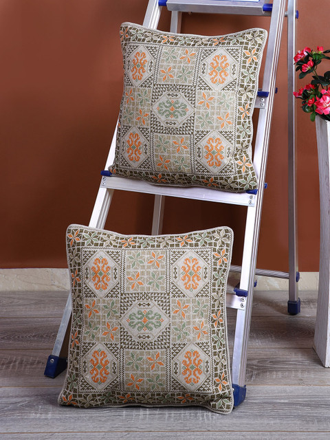 

eyda Set of 2 Embroidered Square Cushion Covers, Orange