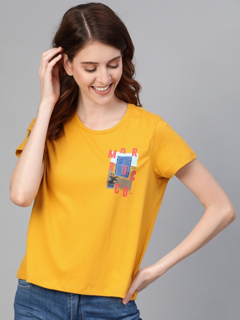 

Mast & Harbour Women Mustard Yellow Solid Round Neck T-shirt