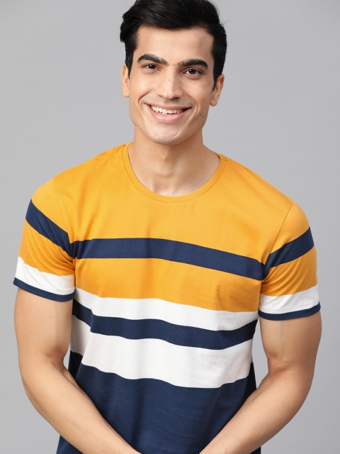 

Mast & Harbour Men Mustard Yellow & Navy Blue Striped Round Neck T-shirt