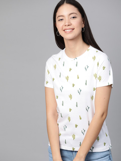 

Mast & Harbour Women White & Green Cactus Print Round Neck T-shirt