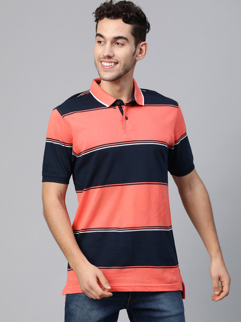 

Mast & Harbour Men Coral Orange & Navy Striped Polo Collar T-shirt