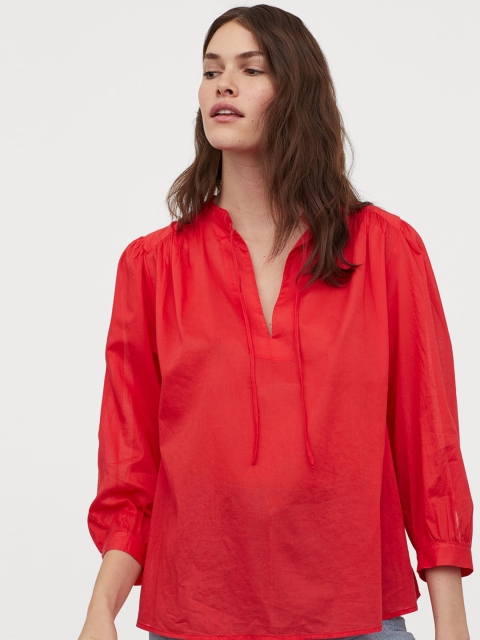 

H&M Women Red Cotton Blouse with Tie Up