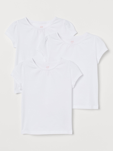 

H&M Girls 3-Pack Puff-Sleeve Jersey Sustainable Pure Cotton Top, White